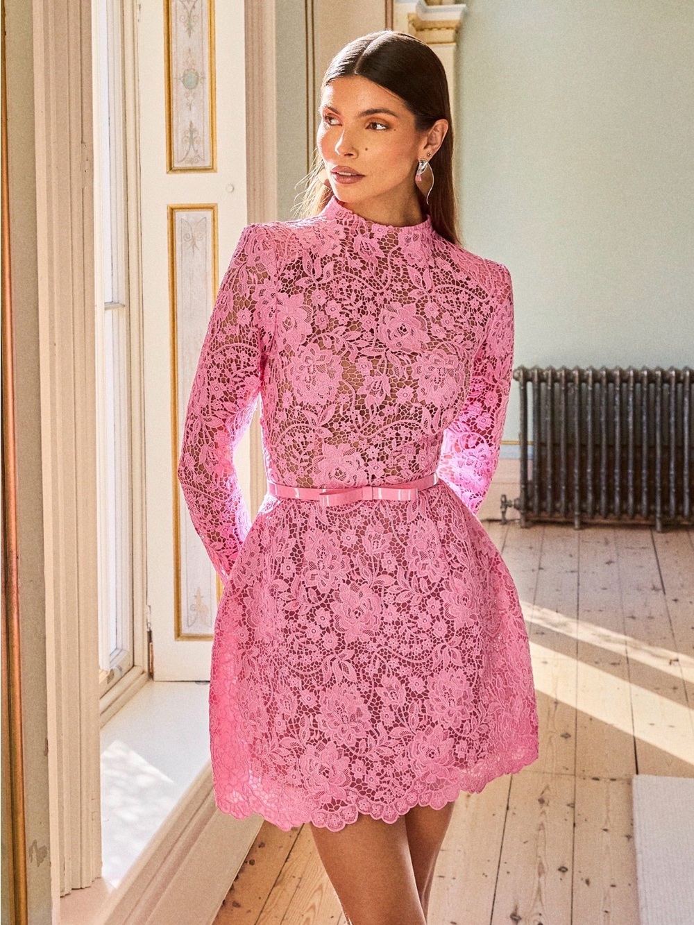 NWT Nadine Merabi SOPHIE Pink Lace Dress M + Box Belt Slip